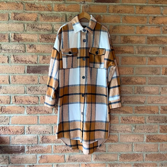 Ci Sono Jackets & Blazers - CI SONO | Brown, tan & white lightweight summer long plaid shacket jacket coat